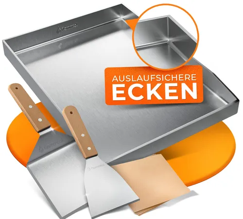 flammtal Grillplatte aus 4mm Edelstahl [40 x 30cm] - Plancha Set mit Grillspachtel - Entdecke die vielseitige flammtal Grillplatte mit auslaufsicheren Ecken für sauberes Grillen. Inkl. 2 Grillspachteln und 20 Burgerpapieren - perfekt für Gas- und Kohlegrills!