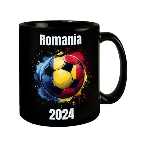 Fußball Rumänien Flagge Tasse in Schwarz EM 2024 Begeisterung Sportliche Rot-Gelb-Blau Ballspiel KaffeeTasse Fußballfans Rumänien