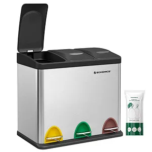 Songmics Mülleimer LTB24L, 3 x 8 Liter, silber - Edelstahl Treteimer mit 3 Inneneimern für müheloses Mülltrennen. Soft-Close Deckel sorgt für leises Schließen und verhindert unangenehme Gerüche. Ideal für Küche und Büro.