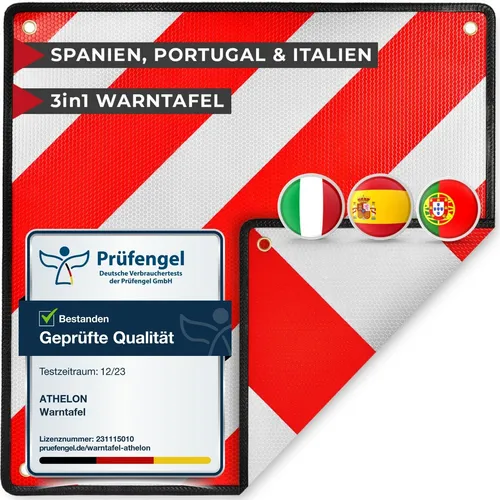 ATHELON® 3in1 Warntafel für Italien, Spanien & Portugal - Warnzeichen für Fahrradträger & Wohnmobil, reflektierend, wetterfest und erfüllt alle Vorschriften für sicheren Urlaub in Südeuropa!