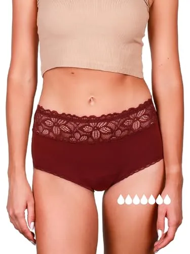 Taynie Deluxe Ultra Perioden Unterwäsche Starke Blutung - auslaufsichere & atmungsaktive Menstruationsunterwäsche - ersetzt 7 Tampons, Periodenslip Tragedauer bis 12Std, waschbar 60°C (42, Rot-braun)