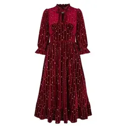 Hell Bunny A-Linien-Kleid Galactica Samt Dress Rot - Elegantes A-Linien-Kleid mit V-Ausschnitt und 3/4-Ärmeln, ideal für stilvolle Anlässe. Aus hochwertigem Samt für einen besonderen Look. Pflegeleicht und vielseitig kombinierbar.