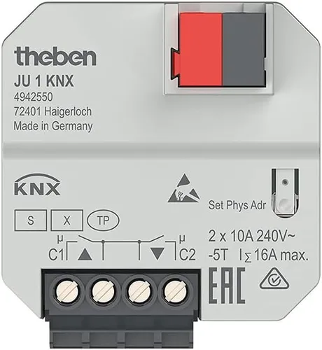 Theben JU 1 KNX Jalousieaktor 1-fach - Jalousieaktor für Unterputzinstallation, ideal zur automatisierten Steuerung von Jalousien und Rollläden mit integrierter Lüftungsautomatik für maximalen Komfort.