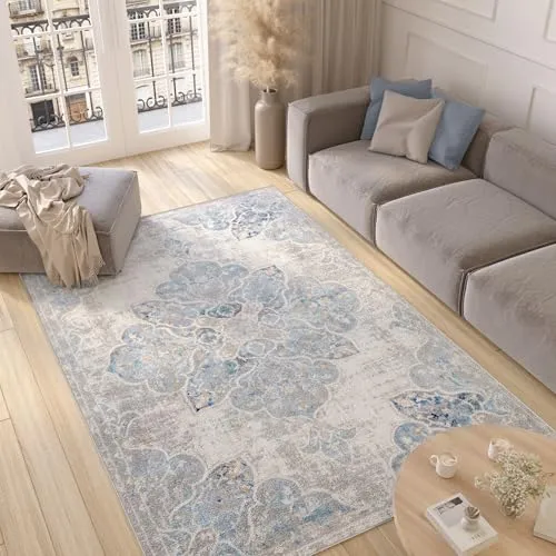 TAPISO Valley Teppich Kurzflor Weiß Grau Blau – Vintage Blumen Design 80 x 150 cm - Eleganter Kurzflor-Teppich mit Vintage Blumen-Muster, perfekt für Wohnzimmer oder Schlafzimmer. Mit geprüfter Qualität und stilvollem Used-Effekt.