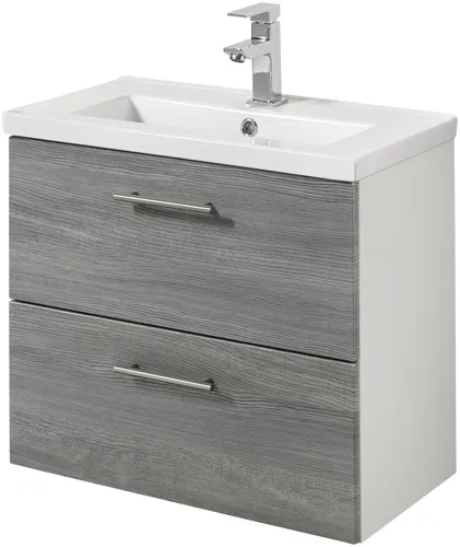 Waschtisch WELLTIME "Trento" – Modernes Design in Weiß und Eiche Grau, 61 cm - Hochwertiger Badezimmerwaschtisch mit Soft-Close-Funktion und modernem Design. Ideal für individuelle Badgestaltungen, inklusive Keramikwaschbecken. Perfekt für jeden Badebereich.