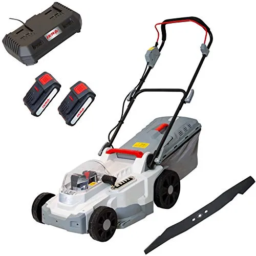 IKRA Akku Rasenmäher Mulchmäher ICM 2/2037 mit 2 Akkus - Sichelmäher für Rasenflächen bis 250m², wartungsfreier, bürstenloser Motor sorgt für hohe Durchzugskraft und lange Lebensdauer. Inkl. 2x Akku 20V & Doppel-Schnellladegerät.