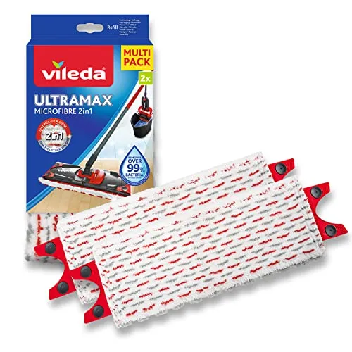 Vileda Ultramax Power Wischer Nachfüllpack – 2 Mikrofaser-Ersatzbezüge - 2x Mikrofaser-Ersatzbezüge für Vileda UltraMax, ideal für streifenfreies Reinigen. Die innovative 2IN1 Technologie entfernt hartnäckigen Schmutz und sorgt für glänzende Böden – perfekt für alle Hartböden.