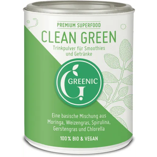 Greenic Clean Green Trinkpulver - Premium-Trinkpulver mit Moringa, Spirulina und Chlorella. Ideal für Smoothies und Bowls, unterstützt eine ausgewogene Ernährung mit wertvollen Nährstoffen.