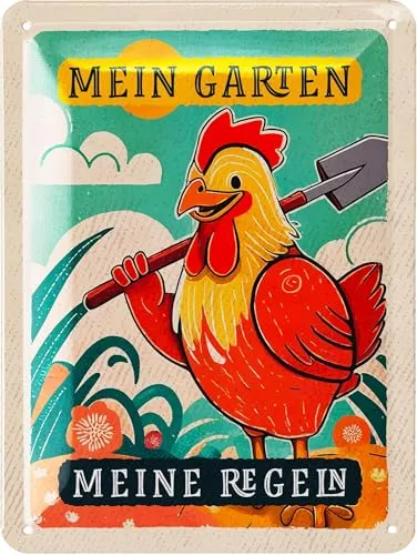 LANOLU Retro Blechschild MEIN GARTEN MEINE REGELN - Blechschilder Garten mit Sprüchen - nostalgische Dekoration als Gärtner Geschenke - retro Deko vintage Metallschild Garten 15x20cm