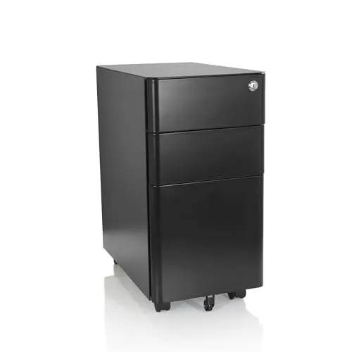 hjh OFFICE 743017 Rollcontainer schmal Color I Stahl Schwarz - Schmaler und robuster Rollcontainer mit 3 Schubladen, ideal für Büro und Wohnbereich; abschließbar und mit Rollen für einfache Mobilität.