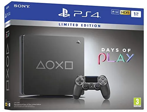 Sony PlayStation 4 Slim 1 TB - Days of Play Limited Edition - Schwarz - Konsolen - Limitierte Auflage mit 1TB Speicher, schlanker Bauweise und DualShock 4 Controller für intensives Gaming-Erlebnis und verbesserte Energieeffizienz.