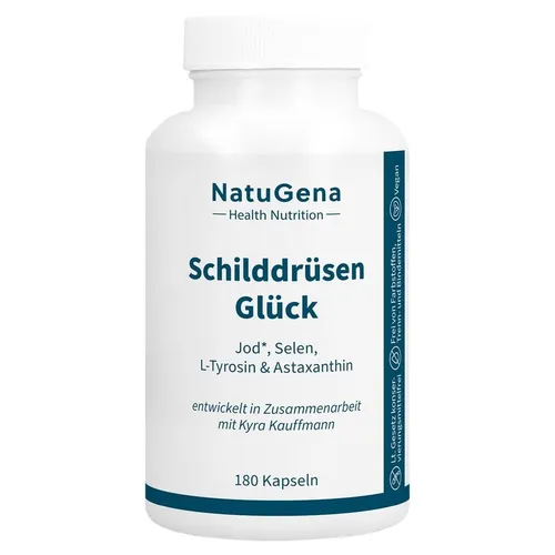 NatuGena SchilddrüsenGlück | 180 Kapseln - Nahrungsergänzungsmittel für die Schilddrüse mit Jod, Selen und Astaxanthin. Unterstützt die normale Schilddrüsenfunktion und fördert das Wohlbefinden.