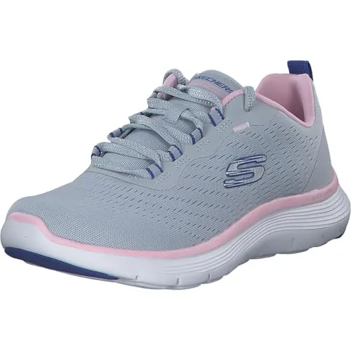 Skechers Damen Flex Appeal 5.0 Low-Top-Sneaker - Damen-Sneaker aus grauem Netzgewebe mit blau-rosa Besatz, featuring eine stoßdämpfende Zwischensohle und eine maschinenwaschbare Oberseite für optimalen Komfort und Pflegeleichtigkeit.