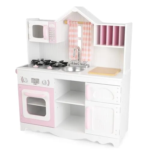 KidKraft Modern Country Kinderküche aus Holz - Küchen-Spielzeugsets, realistische Spielküche mit Backofen, Mikrowelle und interaktivem Spülbecken, fördert das kreative Spiel und die Feinmotorik.