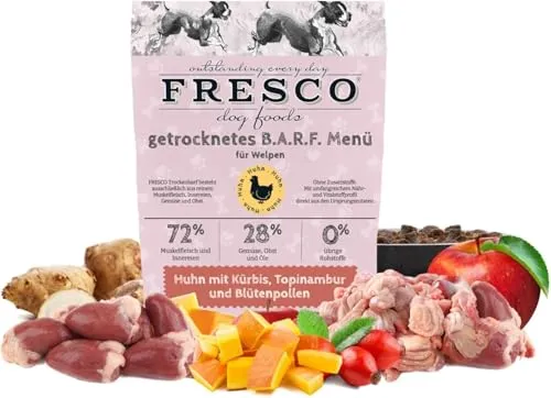 FRESCO Dog Complete Junior Trockenbarf Huhn 5kg | Barf Trockenfutter für Welpen & Junghunde mit Kürbis, Topinambur & Blütenpollen | aus frischem Fleisch, Obst und Gemüse | 100% natürliche Zutaten