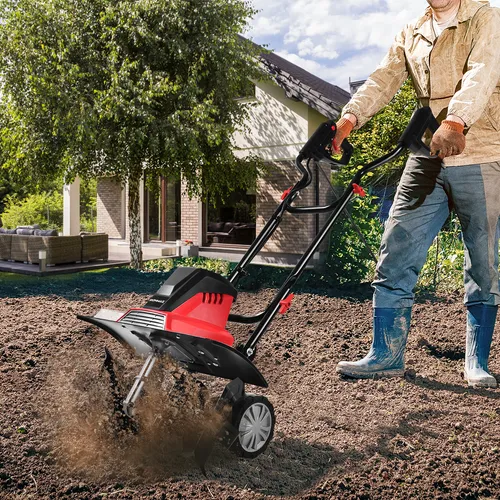 COSTWAY Elektro Bodenhacke 1500W - Gartenfräse mit 6 Hackmessern, 43 cm Arbeitsbreite und 22 cm Arbeitstiefe für müheloses Unkrautjäten und Bodenbearbeitung. Ideal für kleine bis mittelgroße Gärten, umweltfreundlich und leicht zu transportieren.