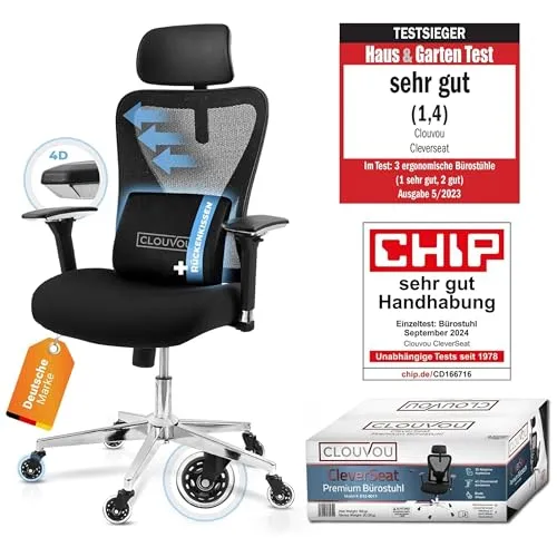 CLOUVOU CleverSeat Bürostuhl - Ergonomisch bis 150 kg - Bürostuhl mit 4D verstellbaren Armlehnen und atmungsaktivem Mesh-Bezug, ideal für Homeoffice und Gaming. Ergonomisches Design für mehr Komfort im Arbeitsalltag.