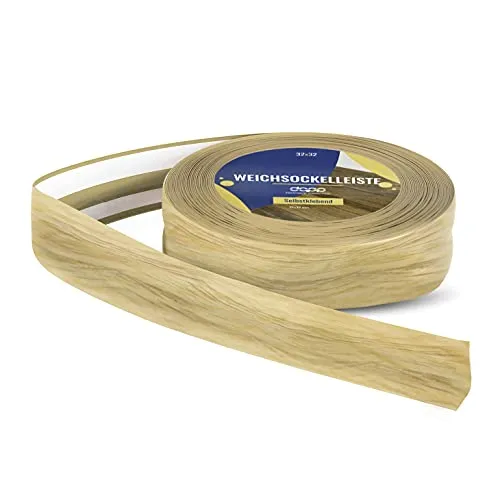 DQ-PP Weichsockelleiste 10m – Eiche hell, selbstklebend, flexibel - Hochwertige Weichsockelleiste aus PVC für eine einfache Montage. Ideal für Laminat und PVC-Beläge, passt sich perfekt an jede Oberfläche an und sorgt für einen modernen Abschluss in jedem Raum.