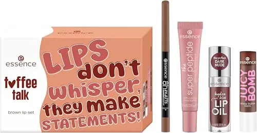 essence toffee talk brown lip set 01 Pout Au Chocolat, 4-teiliges Set, Lipliner, Lippenöl, Lippenbalsam & Treatment, matte bis glänzende Brauntöne