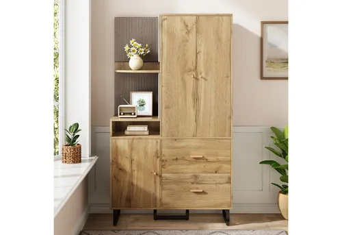 Odikalo Kompaktgarderobe mit Schubladen – Flurschrank in Holz-Optik - Elegante Kompaktgarderobe (110x186x38 cm) mit 2-in-1 Design für Flur und Diele. Praktische Stauraumlösung mit Schubladen und gepolsterter Oberfläche – ideal für die Organisation von Kleidung und Accessoires.