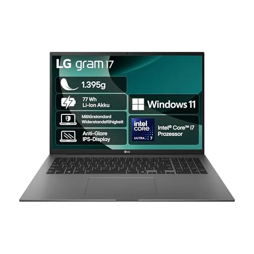 LG 2025 gram 17 Zoll Laptop - Intel Core Ultra 7, 16GB RAM, 1TB SSD - Leistungsstarker 17 Zoll Laptop mit Intel Arc Grafik und 350 cd/m² Helligkeit für brillante Darstellung. Ideal für KI-Anwendungen dank Windows Copilot und langanhaltender Mobilität durch 77 Wh Akku.