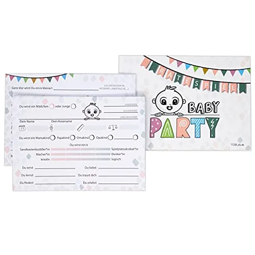 Babyparty Spiele Babyshower deutsch - Ratespiel-Karten zum ausfüllen | Für Baby-Shower Party oder während der Schwangerschaft | Orakel Wunschkarten Set für Mädchen und Junge (A6 Baby)