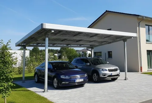 Doppelcarport für 2 Autos mit Dachverkleidung & Regenrinne, Silber - Robuster Doppelcarport aus Aluminium, ideal für zwei Autos. Mit 10 Jahren Herstellergarantie und ansprechender Dachneigung für optimalen Schutz.