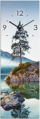 ARTLAND Wanddeko Wanduhr ohne Tickgeräusche Glas Funkuhr 20x60 cm Rechteckig Lautlos Landschaftsbilder Natur See Herbst Alpen U1TM