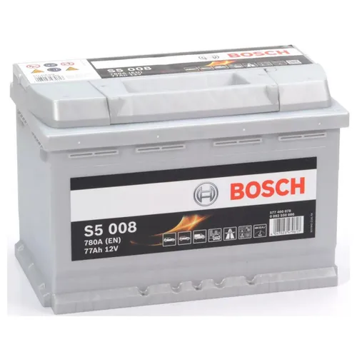 Bosch S5 008 Autobatterie 12V 77Ah 780A - Autobatterie für PKW, hohe Startleistung und langlebig – ideal für zuverlässige Fahrzeugstarts auch bei extremen Wetterbedingungen.