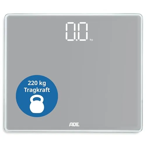 ADE Sehr große digitale Personenwaage - bis 220 kg Tragkraft, XXL-Leuchtziffern für optimale Lesbarkeit und komfortable Wiegefläche