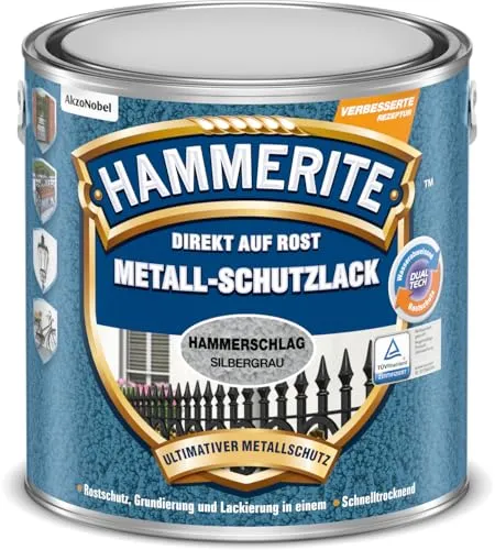 Hammerite Metallschutzlack Hammerschlag silbergrau 2,5L - Metallfarben, wasserabweisend mit Langzeit-Rostschutz, ideal für Heizkörper und direkt auf Rost anwendbar – Rostschutz und Lackierung in einem!