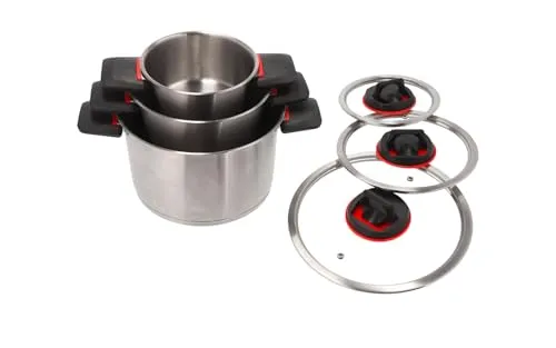 BERGER RedSilva Topfset Induktion 6-tlg. | Praktisches Camping Kochgeschirr-Set aus Edelstahl - Kompaktes und stapelbares 6-teiliges Topfset aus Edelstahl für den Outdoor-Einsatz. Mit klappbaren Griffen und Glasdeckeln ausgestattet, ideal für platzsparende Aufbewahrung und vielseitige Kochmöglichkeiten.