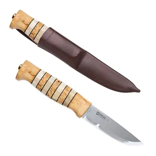 Helle Norway Unisex Outdoormesser aus Dreilagenstahl - Hochwertiges Gürtelmesser mit 8.7 cm Klingenlänge, rostfreier Drop Point Klinge aus Dreilagenstahl und eleganten Horn-Einlagen für Outdoor-Enthusiasten.