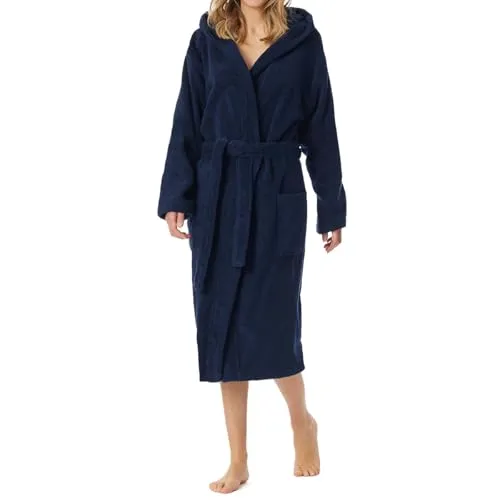 Schiesser Damen Bademantel 120 cm - Blau (815-navy) mit Kapuze - Bademantel für Damen aus weichem Frottee mit kuscheliger Kapuze und großen Taschen für extra Komfort, ideal für entspannte Momente zu Hause.
