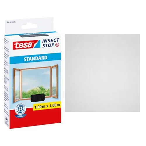 tesa INSECT STOP Klett Fliegengitter für Fenster - Insektenschutz mit Klettband, zuschneidbar - Mückenschutz ohne Bohren - 1 x Fliegen Netz - 100 cm x 100 cm - Anthrazit