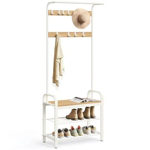 VASAGLE Garderobenständer mit Schuhbank - Praktische Garderobe mit 9 abnehmbaren Haken und Schuhregal, ideal für den Eingangsbereich. Elegantes 4-in-1 Design und einfache Montage.