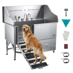 VEVOR Edelstahl Hundewaschstation mit Rampe und Duschkopf - Dusch- & Badezubehör für Hunde: Die robuste Edelstahlwanne bietet eine integrierte Duschfunktion mit Warm- und Kaltwasser für effizientes Baden aller Haustiergrößen.
