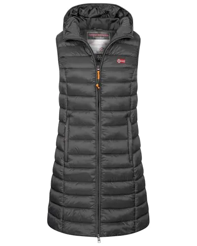 Geographical Norway Damen Steppweste mit Kapuze – Übergangsjacke in Dunkelgrau, Größe XL - Modische und nachhaltige Steppweste für den Herbst und Winter. Robustes Material, seitliche Reißverschlusstaschen und schickes Design bieten Komfort und Stil für jede Gelegenheit.