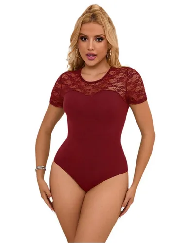 Lau-Fashion Body Unterwäsche mit Transparent Spitze Stoff Rot Rundhals Langarm S/M