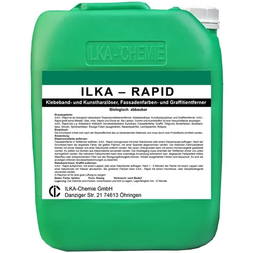 Graffitientferner ILKA Rapid 10 L – Effektiver Klebeband- und Kunstharzlöser - Biologisch abbaubarer Graffitientferner, der sicher auf Metallen, Glas und Holz wirkt. Ideal zum Entfernen von Klebeband, Farben und Graffiti ohne Beschädigung der Oberflächen.