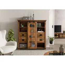 Railway Lux Highboard aus Massivholz mit Beleuchtung - Hochschrank groß im Industrial Stil, einzigartig durch naturbelassenes Mangoholz und recyceltes Altholz, bietet 11 Fächer und 4 Schubladen für optimalen Stauraum.