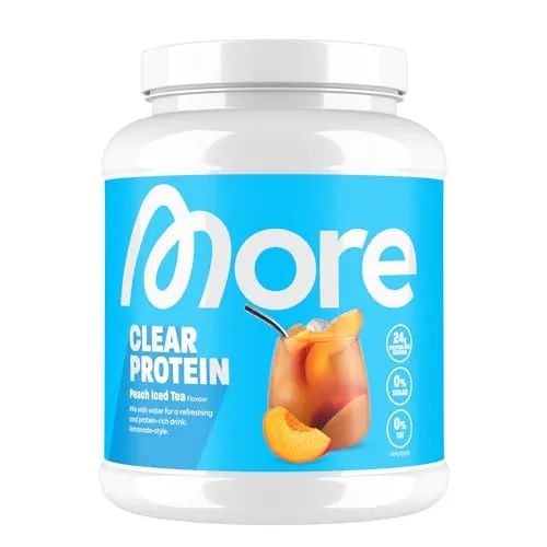 MORE Clear Protein Peach Iced Tea 600 g - Proteine: Fruchtig klarer Whey Isolat Drink mit 24 g Eiweiß pro Portion, nahezu ohne Fett, Laktose und Zucker – ideal für Fitness-Liebhaber!