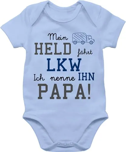 Baby Body Junge Mädchen - Sprüche - Mein Held fährt LKW - 6/12 Monate - Babyblau - vatertagsgeschenk babymode witzig spruch dad bodys vatertag kurzarm strampler mit lustigen sprüchen spruche