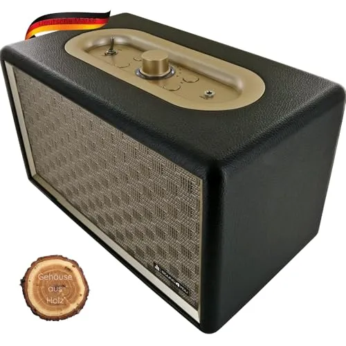 SCHWAIGER 661705 Retro Bluetooth Lautsprecher - Tragbare Bluetooth-Lautsprecher im edlen Vintage Look, bietet kabellosen Musikgenuss bis 10m Reichweite und eine Laufzeit von bis zu 2,5 Stunden mit hochwertigem Sound.