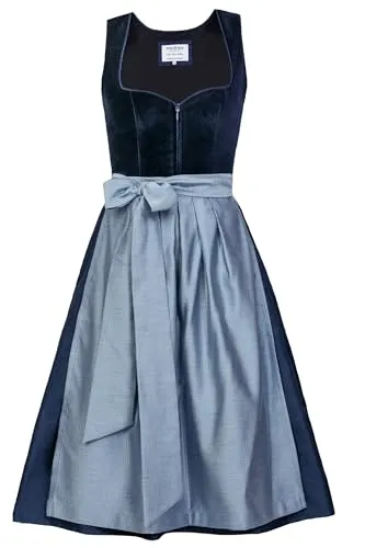 Edelnice Designer Midi Dirndl Luna Samt blau - Elegantes Dirndl für Damen, gefertigt aus samtigem Stoff mit Herzausschnitt und zarter Kordelborte. Inkl. hellblauer Schürze für einen modernen, traditionellen Look. Ideal für festliche Anlässe!