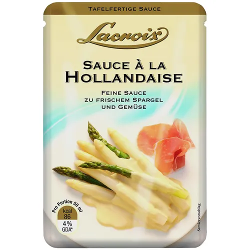 Lacroix Sauce Hollandaise 150ml für Spargel und Gemüse - Genießen Sie die feine Lacroix Sauce Hollandaise, ideal für Spargel und Gemüse. Tafelfertig und voller Geschmack – die perfekte Ergänzung für Ihr Gericht! Allergene: Milch und Eier enthalten.