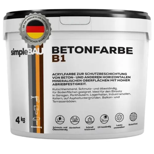 simpleBAU Betonfarbe B1 Anthrazit 4 Kg - Wetterfeste Garagenbodenbeschichtung - Hochwertige Acrylfarbe mit starker Haftung für Beton- und mineralische Flächen. Abriebfest und rutschhemmend, ideal für Garagen, Balkone und Terrassen. Einfache Verarbeitung für langlebigen Schutz und ansprechende Optik.
