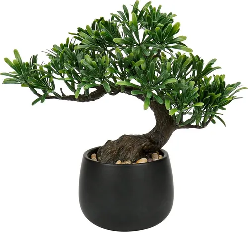Künstlicher Bonsai Baum 25cm Podocarpus Kunstbonsai Schwarz-3 - Kunstvoll gestalteter 25 cm Bonsai Baum, ideal zur Dekoration für Zuhause oder im Büro. Pflegeleicht und immergrün für eine ansprechende Atmosphäre.