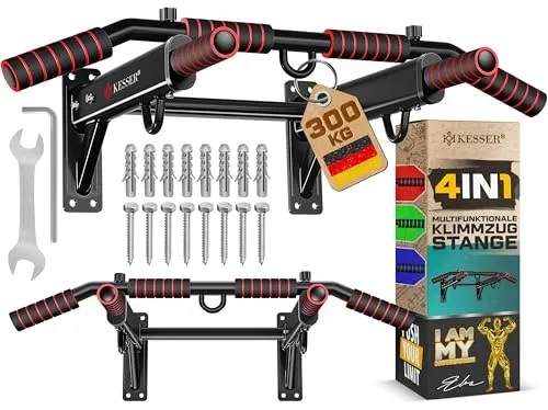 KESSER® 4in1 Klimmzugstange zur Wandmontage - Klimmzugstange für zuhause mit rutschfesten Griffen, zusätzlichen Funktionen für Seile, Ringe und Boxsäcke sowie verschiedenen Griffpositionen für ein effektives Ganzkörpertraining.