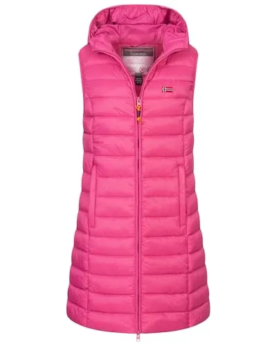 Geographical Norway Damen Steppweste mit Kapuze in FLASHY PINK, Größe L (40) - Modische Übergangs-Weste für Herbst und Winter mit trendiger Länge. Robustes Obermaterial, matt glänzende Optik und praktische Reißverschlusstaschen bieten Funktionalität und Stil.